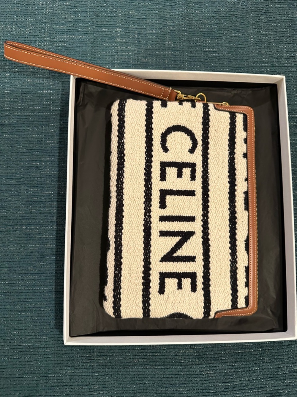 Celine Black and Cream Striped Canvas Wristlet with Tan Trim - Picture 4 of 17
